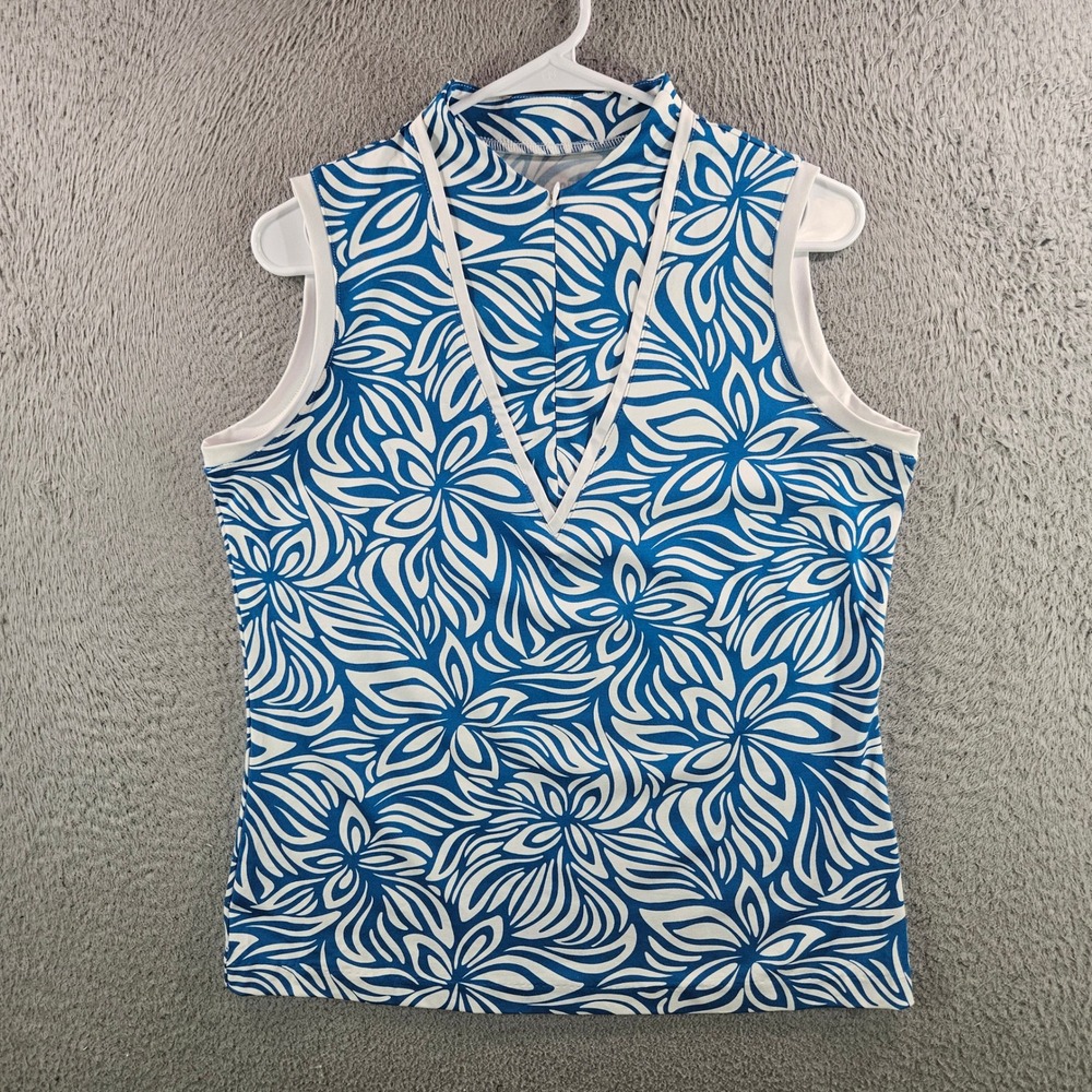 Tail Womens Blue White Floral Mock Neck Sleeveless Golf Tennis Top Large